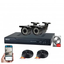 Kit supraveghere video AKU 2 camere SUPER CLEAR AHD varifocale 2.8 - 12mm + HDD 1TB + DVR 4 canale FULL HD 1080N H264, interior exterior carcase metalice cu infrarosu, iesire internet cu vizualizare pe telefon mobil tableta desktop